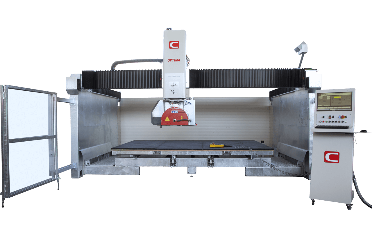 Optima 5-axis CNC Saw with Suction Cups & Side Spindle from Front